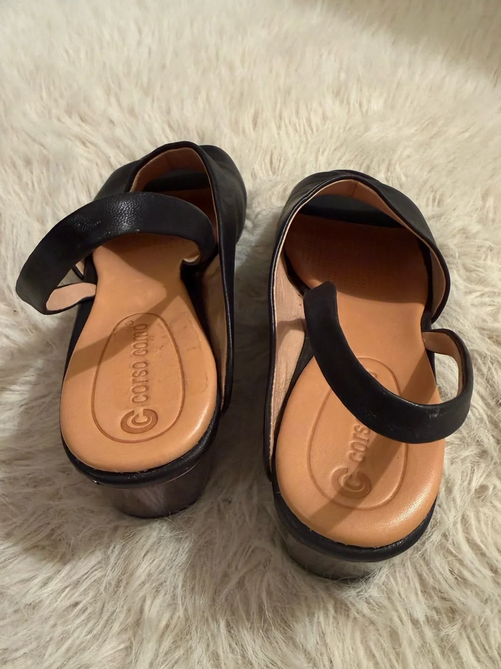 NWOT Cordova Como Leather Mirrored Wedge Sling Backs Black Sz 7.5